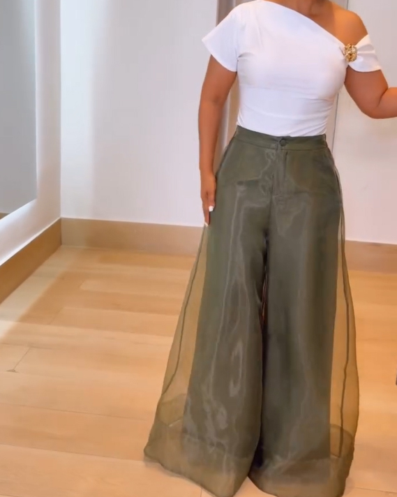 High-Waisted Sheer Layered Organza Wide-Leg Trousers