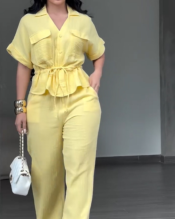 Women's 2 Piece Linen Outfits Short Sleeve Drawstring Shirts and Wide Leg Pants With Pockets
