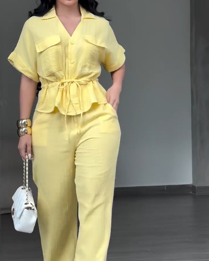 Women's 2 Piece Linen Outfits Short Sleeve Drawstring  Shirts and Wide Leg Pants With Pockets