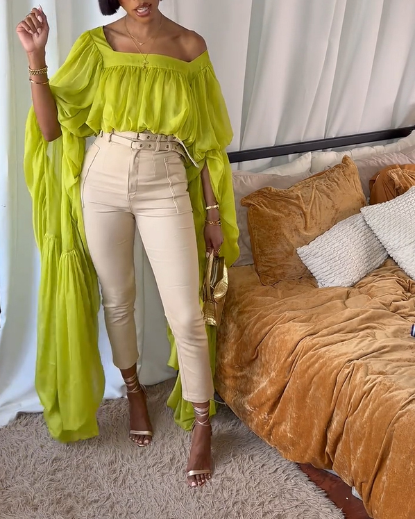 Square Neck Chiffon Ruffled Puff Sleeve Bubble Crop Top