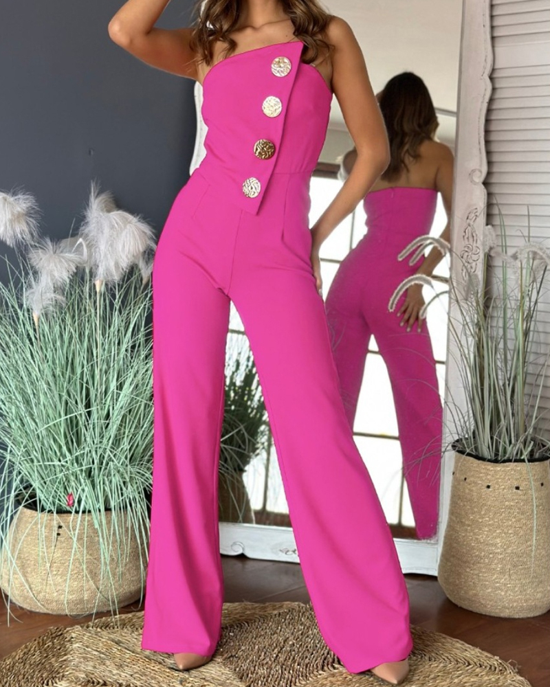Sexy Tube Top Button-Decorated Flared Jumpsuit
