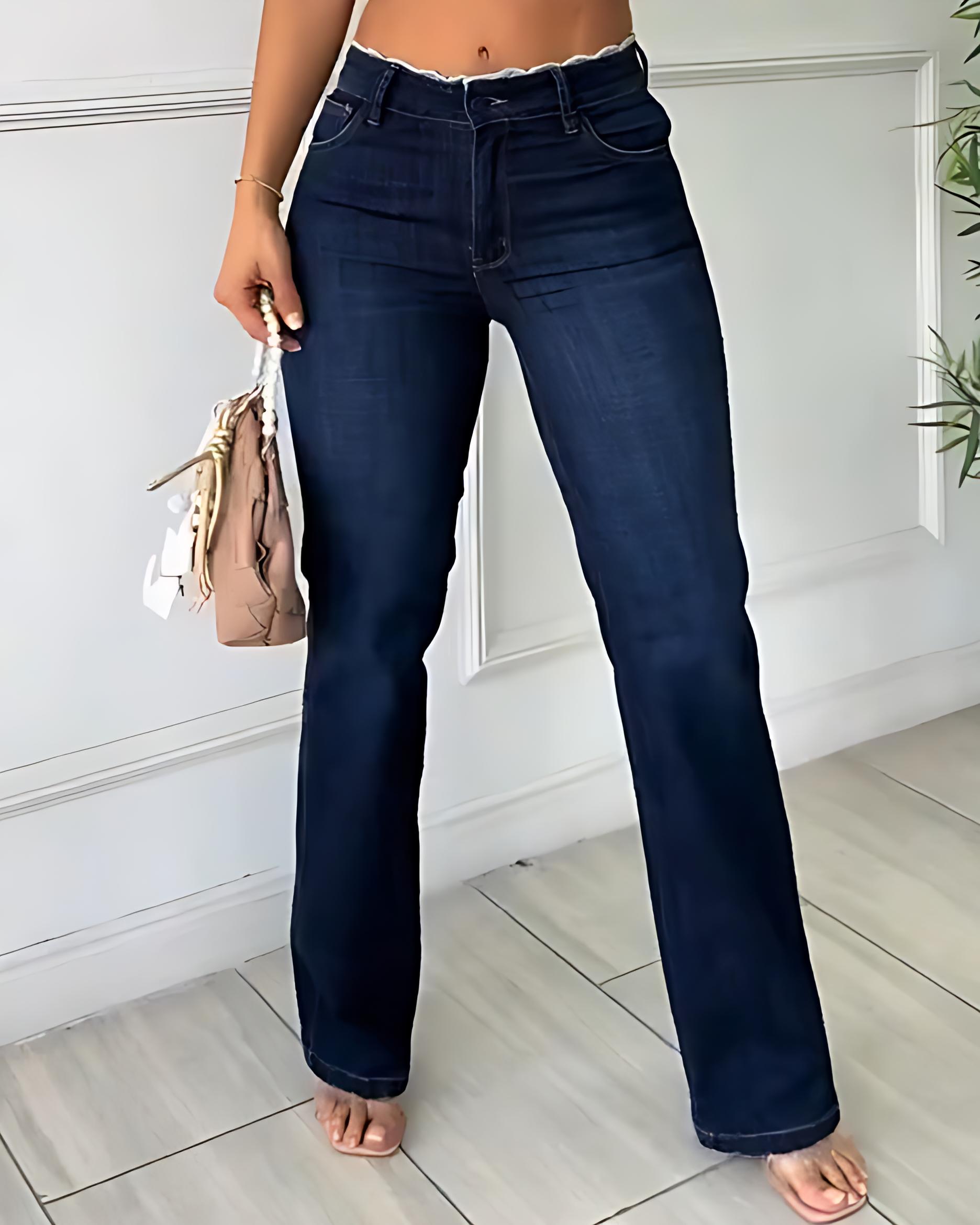 High-Rise Lace Trim Slim-Fit Jeans