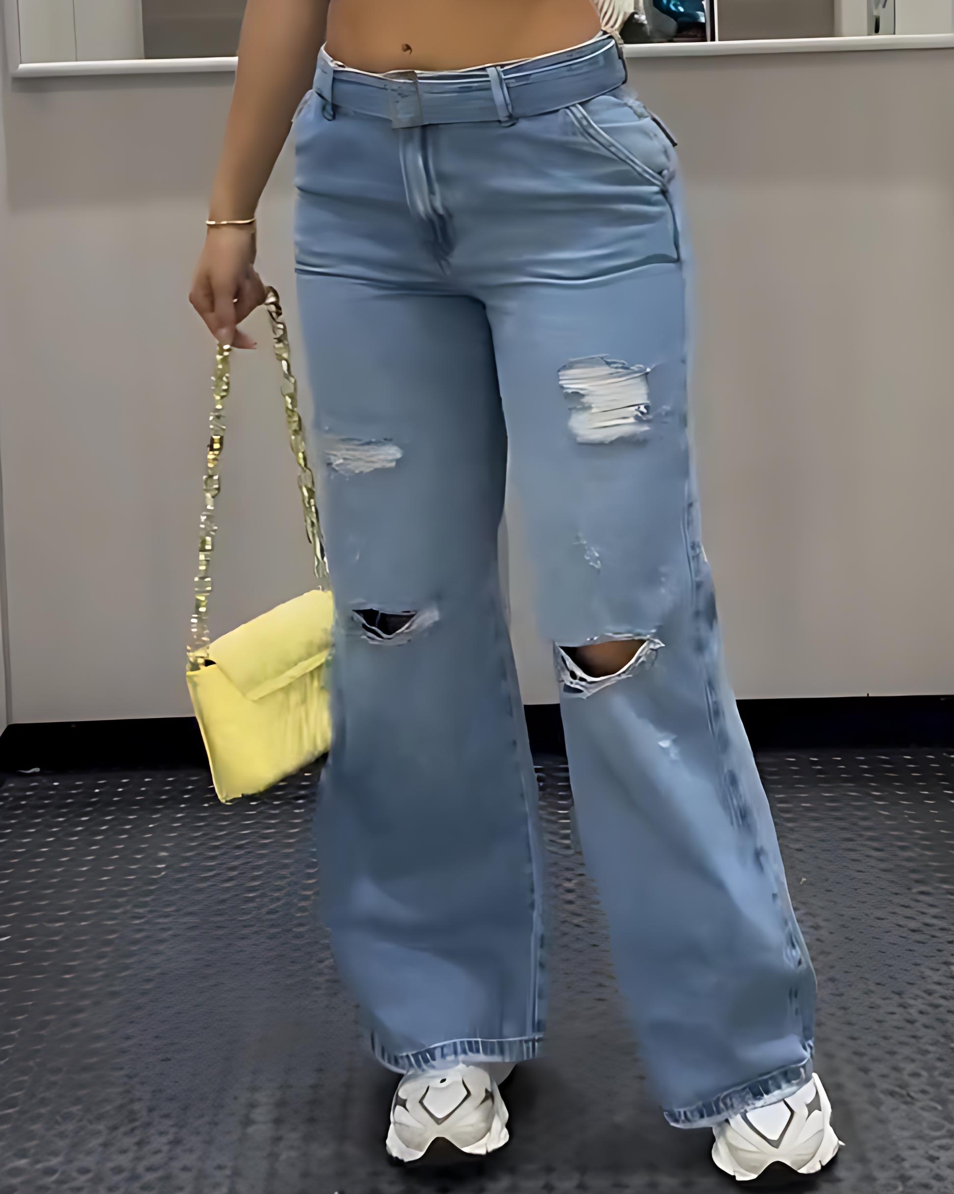 Fashion High Waist Ripped Wide Leg Jeans