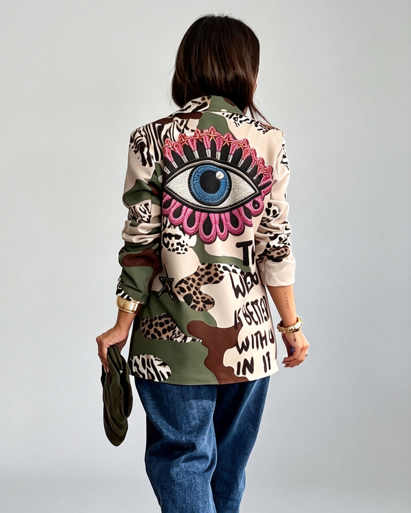 Color Block Asymmetric Blazer With Animal Print And Lapel Collar