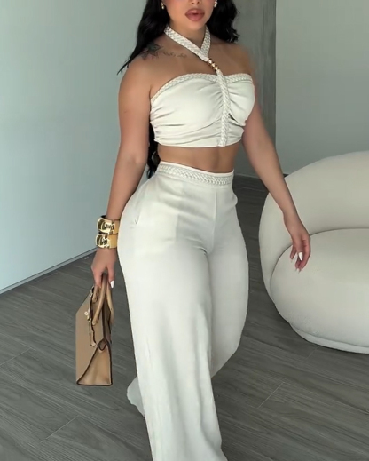 2 Piece Braided Trim Two Piece Outfit with Flared Trousers
