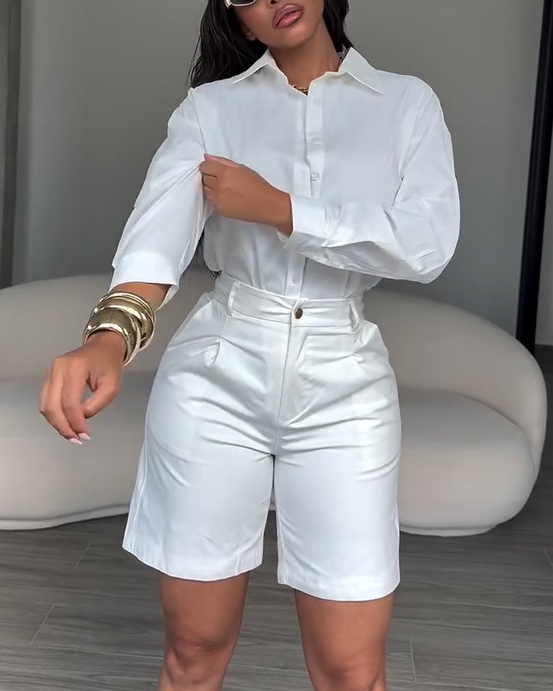 2 Piece Sets For Women Elegant Button-Down Shirt Paired with Tailored Bermuda Shorts