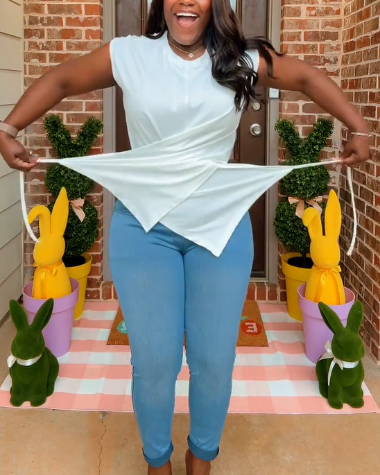 Casual Asymmetrical Criss Cross Back Tie Top For Women's Knitted Round Neck Drop Shoulder Sleeve T-Shirt