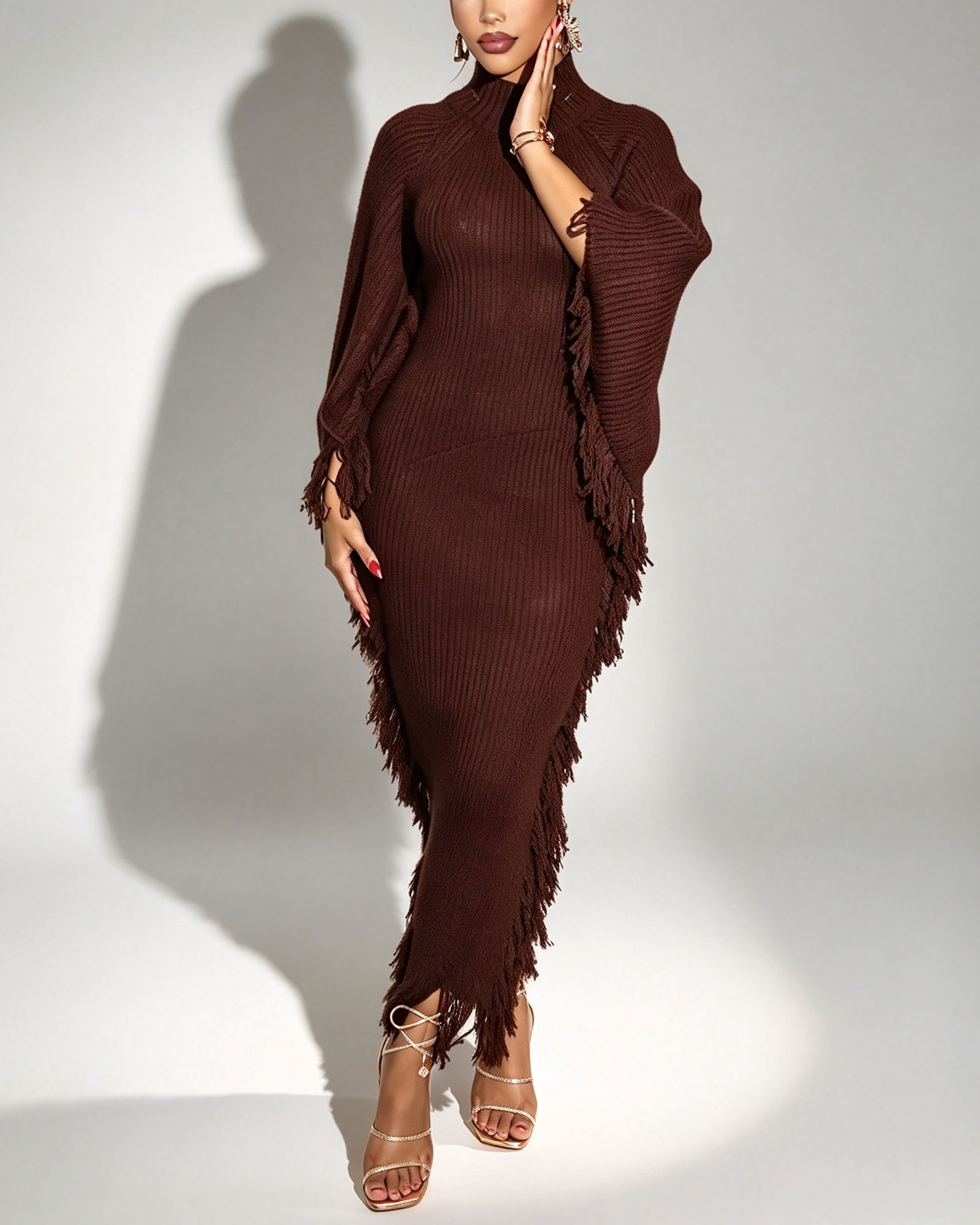 Mock Neck Fringe-Trimmed Knit Maxi Dress