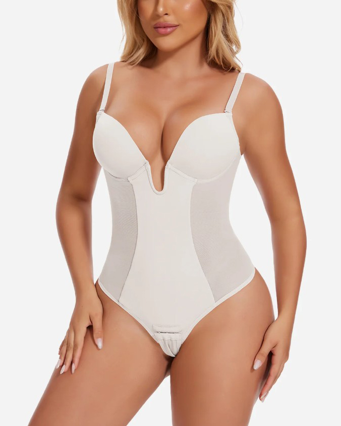 Deep V-Neck Backless Mesh Slimming Thong Bodysuit