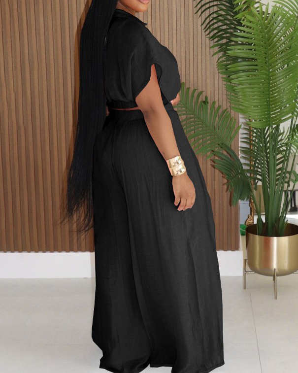Casual Lapel Cropped Top Wide Leg Pants 2-Piece Set