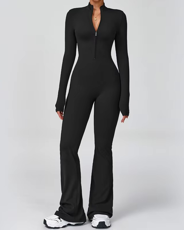 Front Zip Long Sleeve Bodycon Flare Jumpsuit