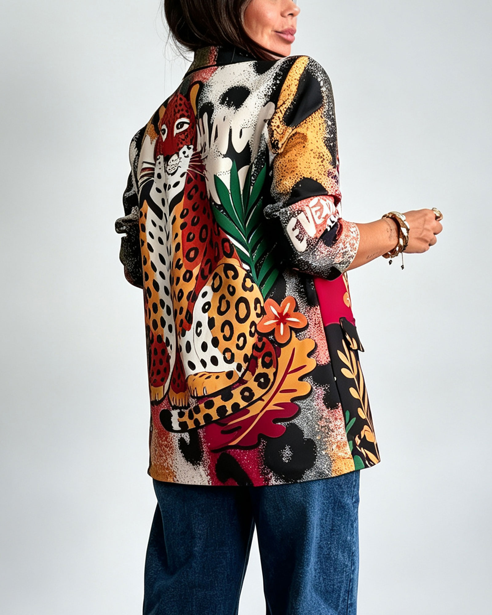 Color Block Asymmetric Blazer With Animal Print And Lapel Collar