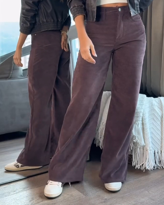 Women's Vintage Corduroy High Waist Wide Leg Pocketed Pants Trouser