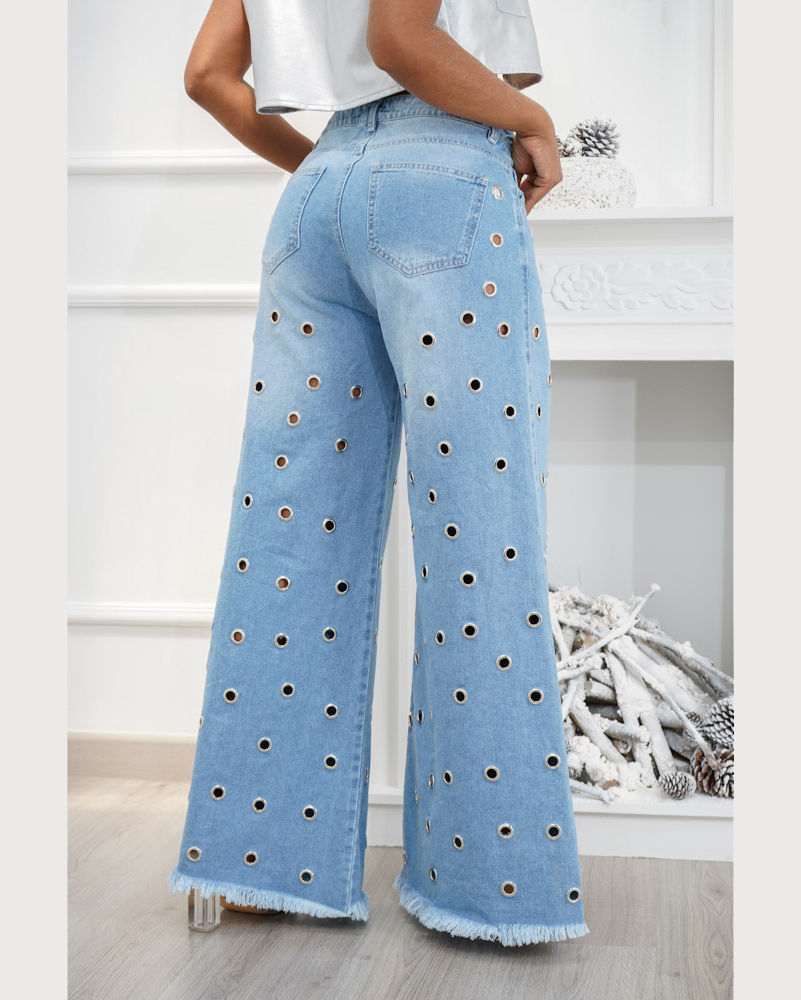 High Waist Palazzo Eyelet Wide-leg Jeans