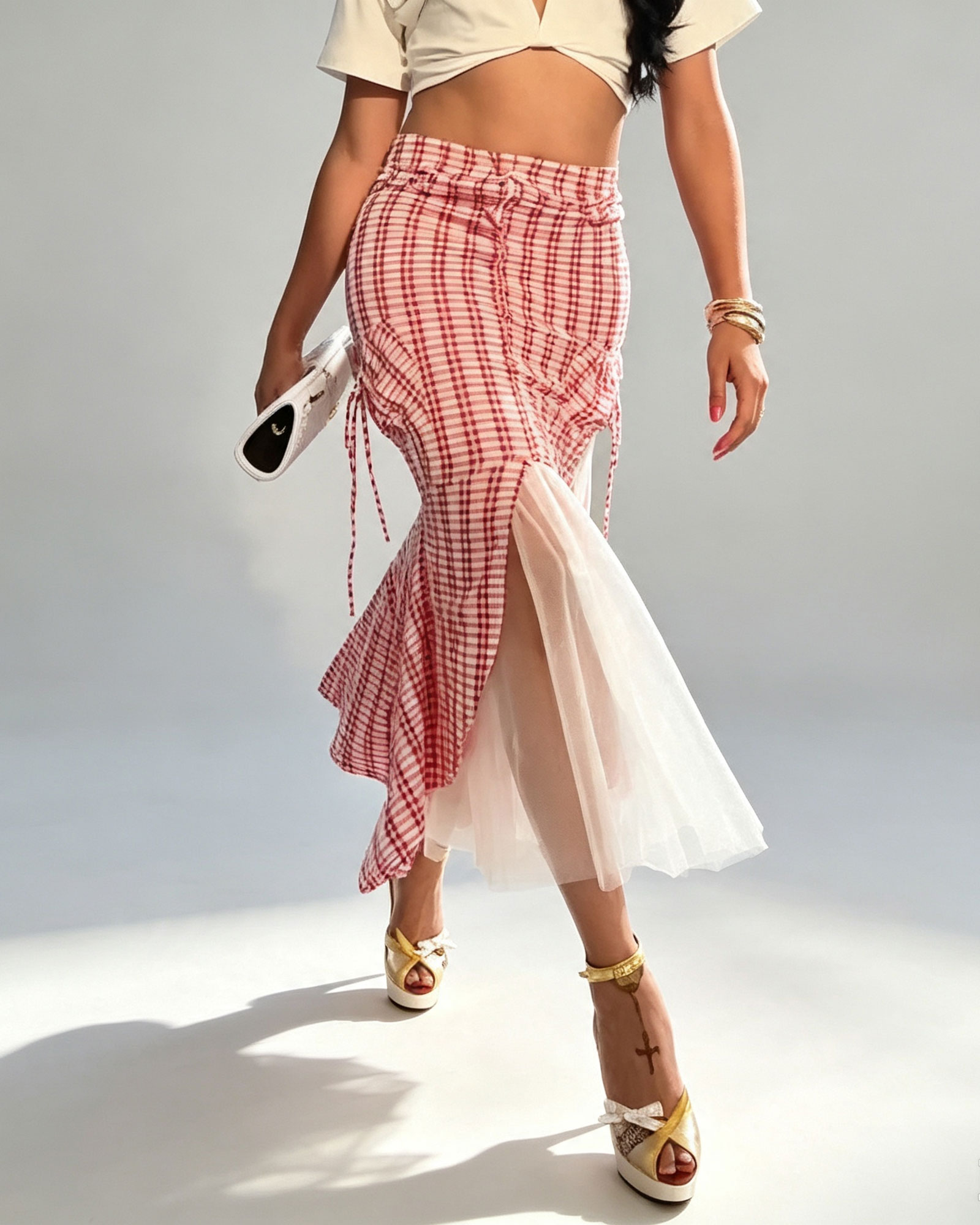 Irregular Plaid Skirt With Lace Splicing