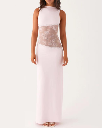 Sexy Slim Lace Satin Patchwork Backless Maxi Dress