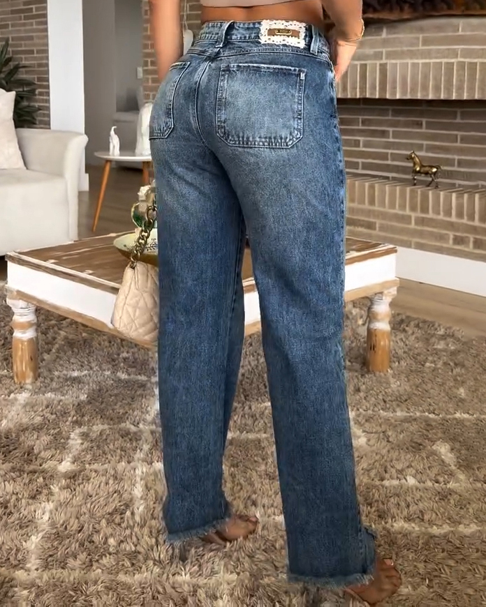 Women's High-Waist Fashionable Ripped Straight Jeans