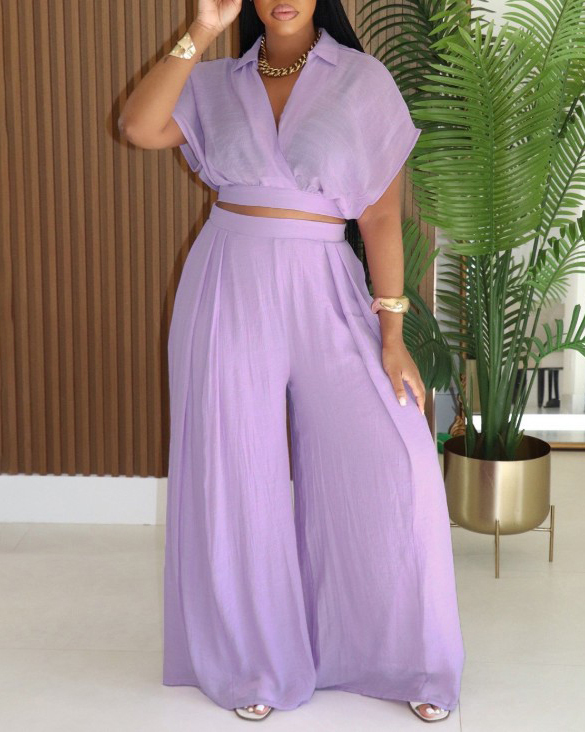 Casual Lapel Cropped Top Wide Leg Pants 2-Piece Set