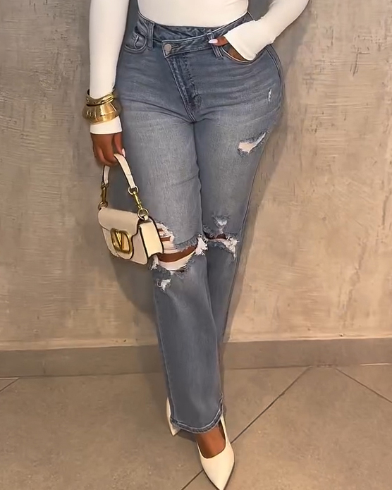 Fashion High-Waisted Oblique Buckle Ripped Skinny Jeans
