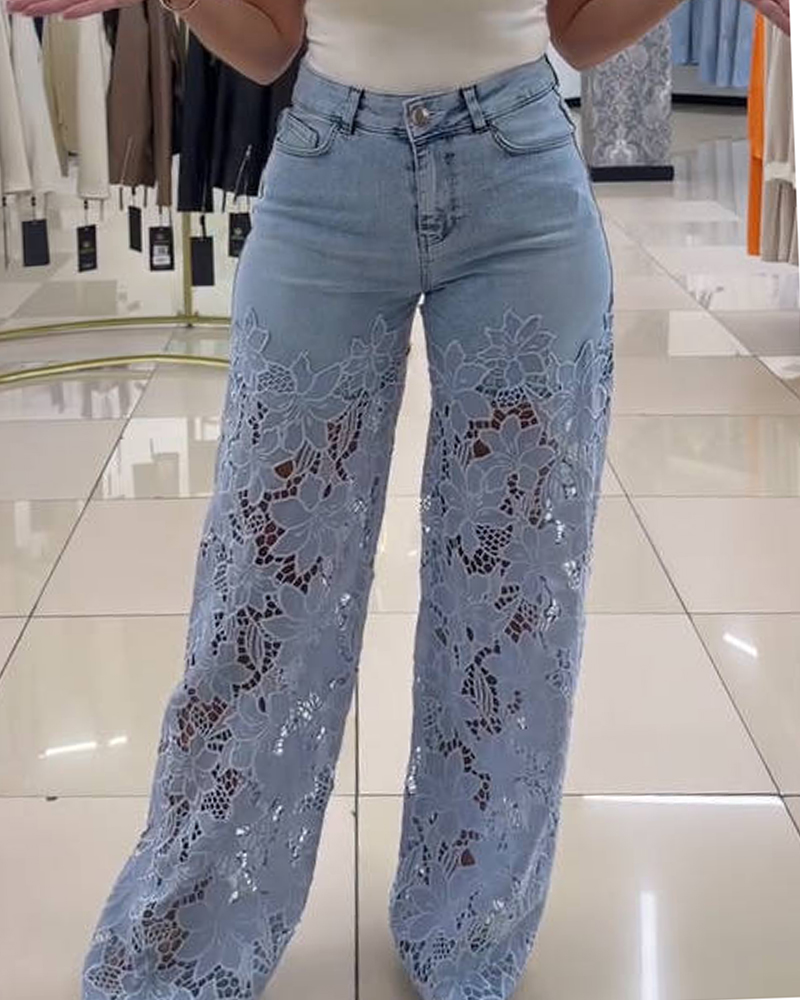 New See Through Lace Slim Straight Leg Jeans (Pre Sale)