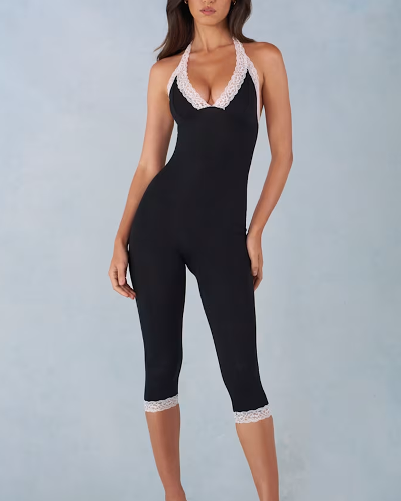 Stylish And Slim-Fit Modal Lace-Trim Capri Jumpsuit In Black（Pre-Sale）
