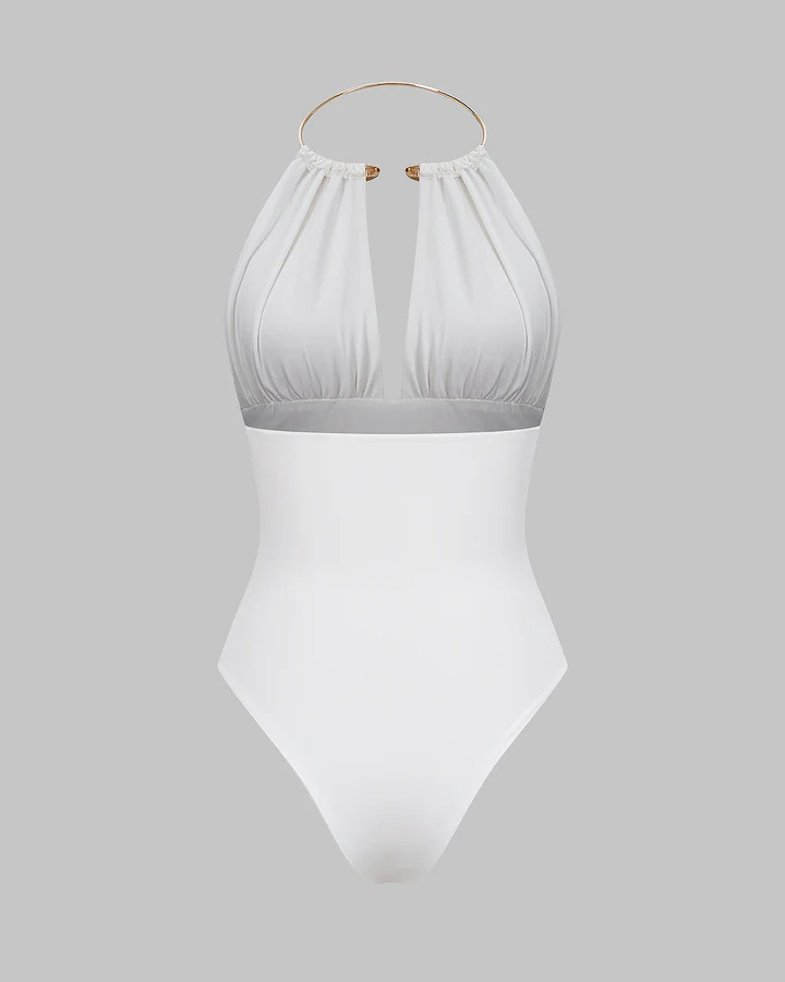 Metallic Decor Halter Neck Ruched Sleeveless Backless Bodysuit