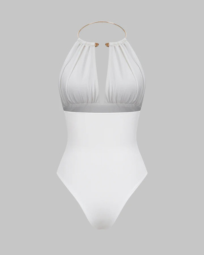 Metallic Decor Halter Neck Ruched Sleeveless Backless Bodysuit