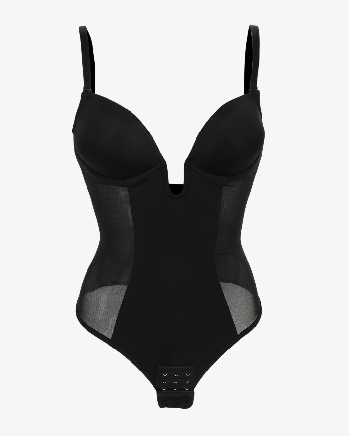 Deep V-Neck Backless Mesh Slimming Thong Bodysuit