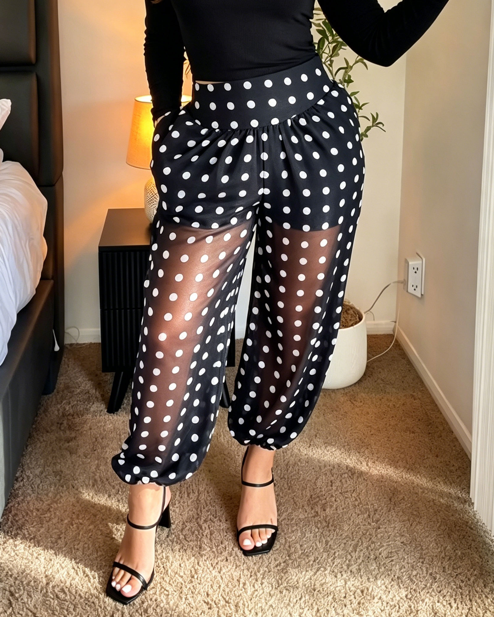 Polka Dot Sheer Mesh High Waisted Harem Pants