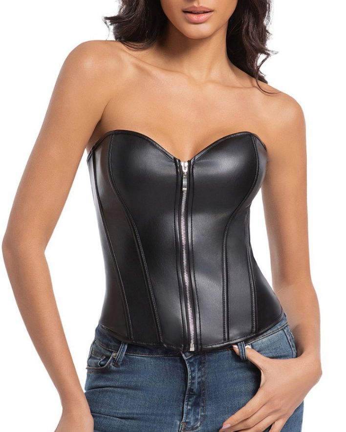 Sexy Front Zipper Tummy-Control Leather Corset Top