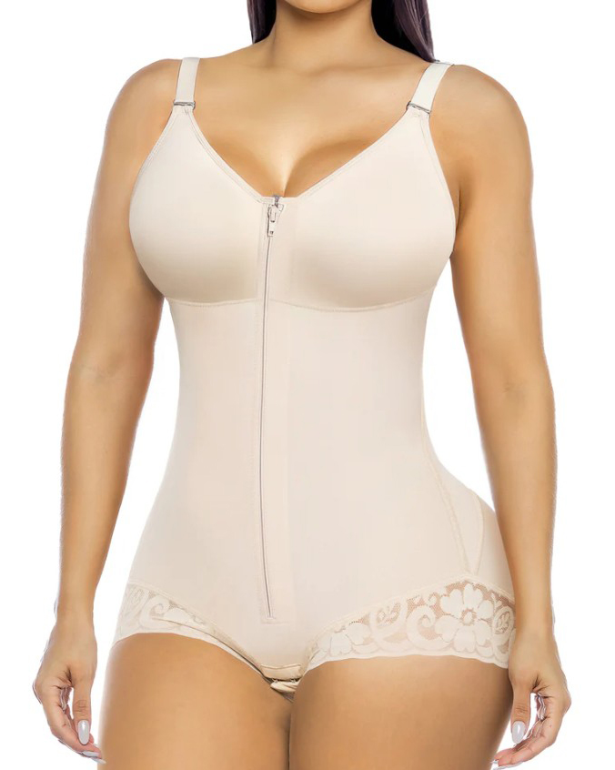 Front Zip Lace Trims Thong Body Shaper