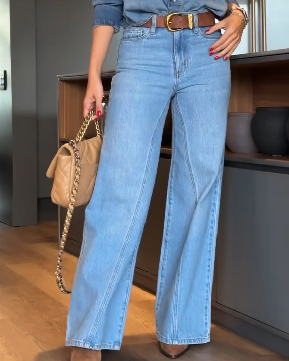 Unique Design Wide Leg Jeans Casual High Waisted Straight Denim Pants with Pockets
