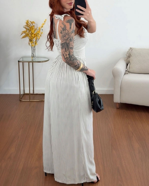 One-Piece Backless Striped Wide-Leg Trousers