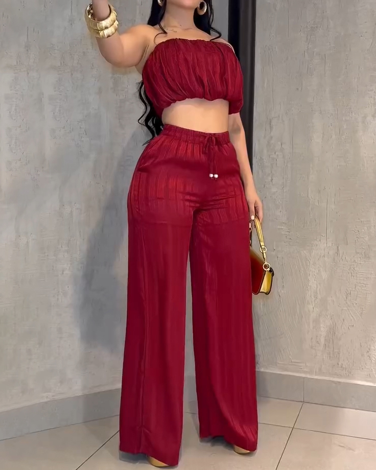 Shinny Bandeau Wide-Leg Slim Fit 2-Piece Set