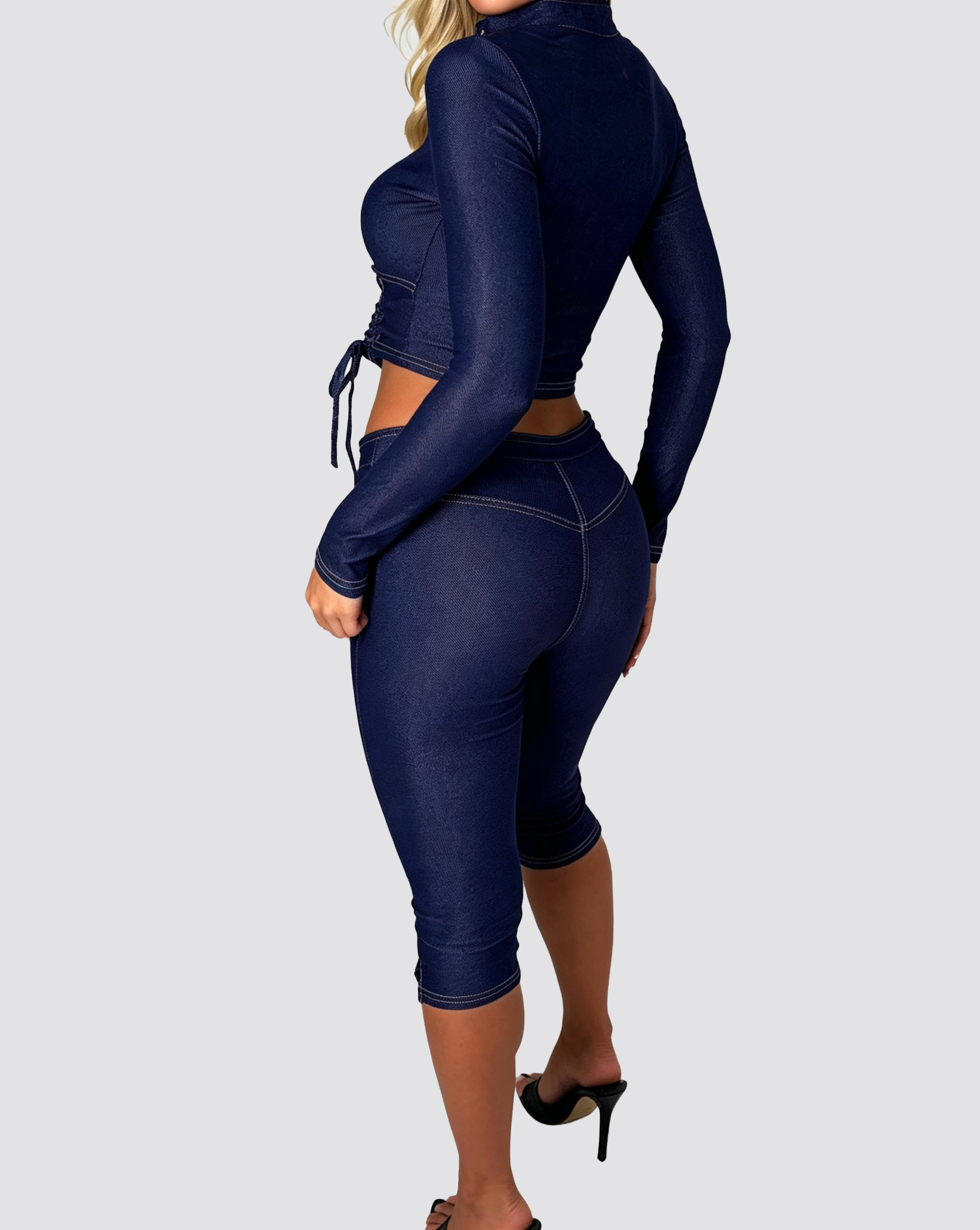 Lace-Up Zip Front Cropped Denim Two-Piece Capri Set