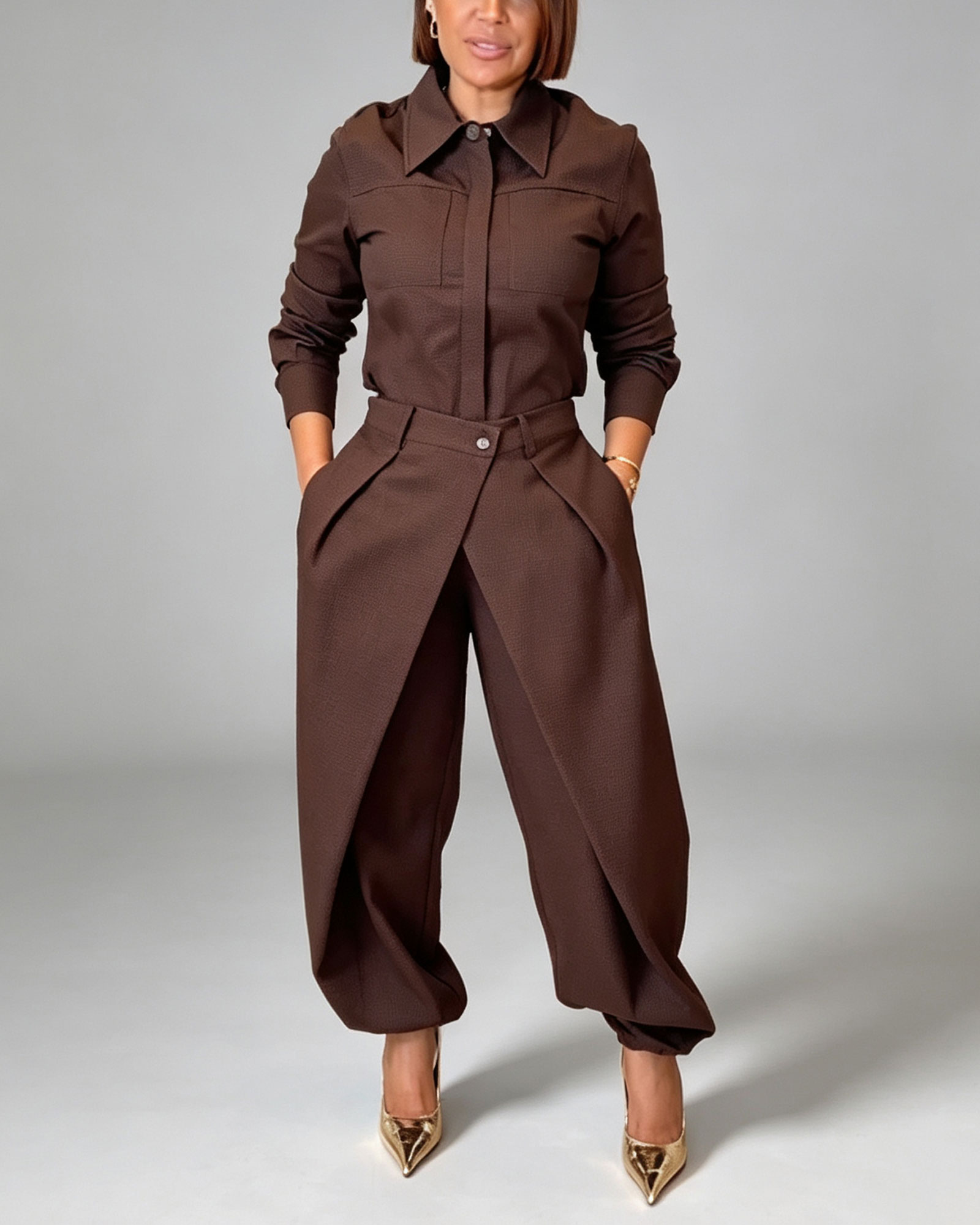 Long Sleeve Collared Button Down Shirt And Layered Wrap Style Harem Pants Set