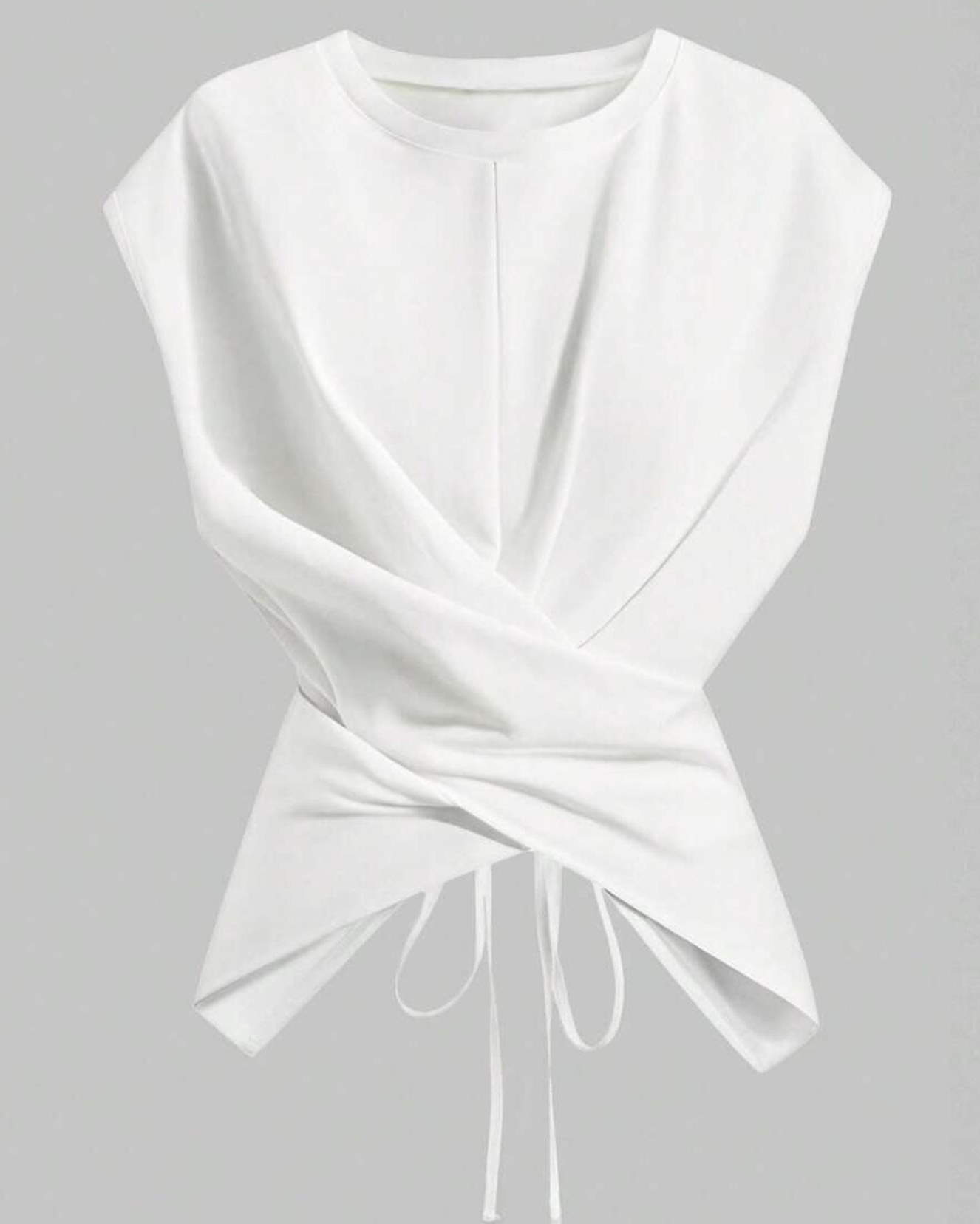 Casual Asymmetrical Criss Cross Back Tie Top For Women's Knitted Round Neck Drop Shoulder Sleeve T-Shirt