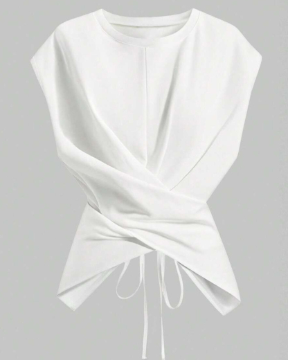 Casual Asymmetrical Criss Cross Back Tie Top For Women's Knitted Round Neck Drop Shoulder Sleeve T-Shirt