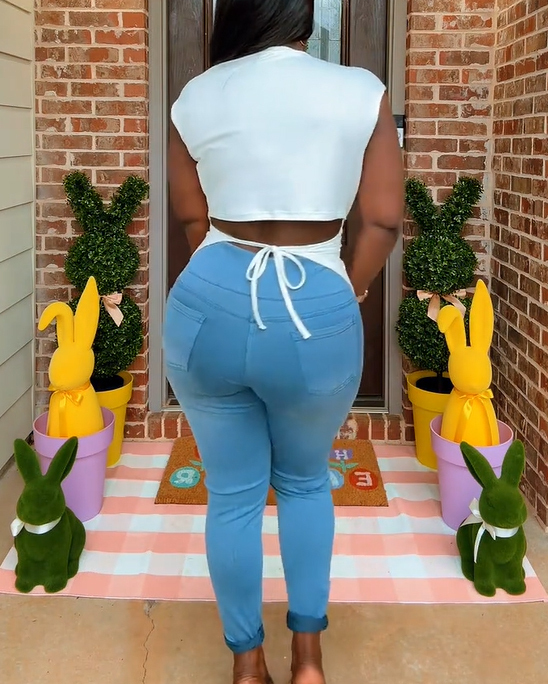 Casual Asymmetrical Criss Cross Back Tie Top For Women's Knitted Round Neck Drop Shoulder Sleeve T-Shirt