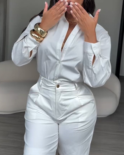 2 Piece Sets For Women Elegant Button-Down Shirt Paired with Tailored Bermuda Shorts