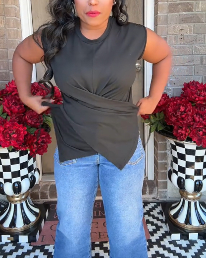 Casual Asymmetrical Criss Cross Back Tie Top For Women's Knitted Round Neck Drop Shoulder Sleeve T-Shirt