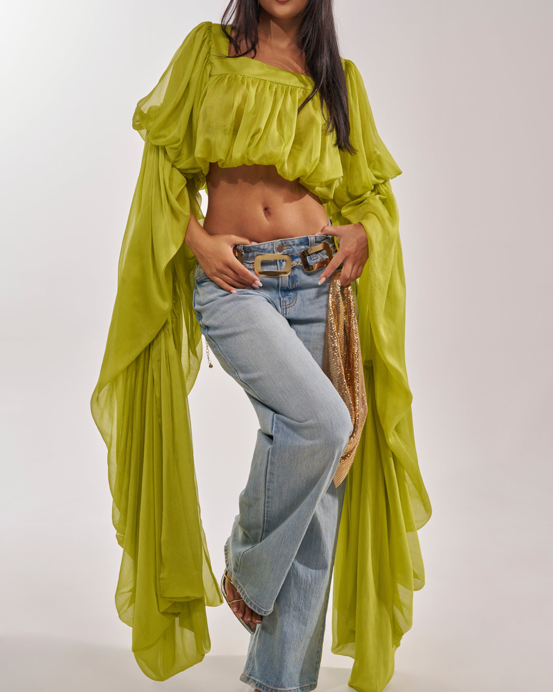 Square Neck Chiffon Ruffled Puff Sleeve Bubble Crop Top