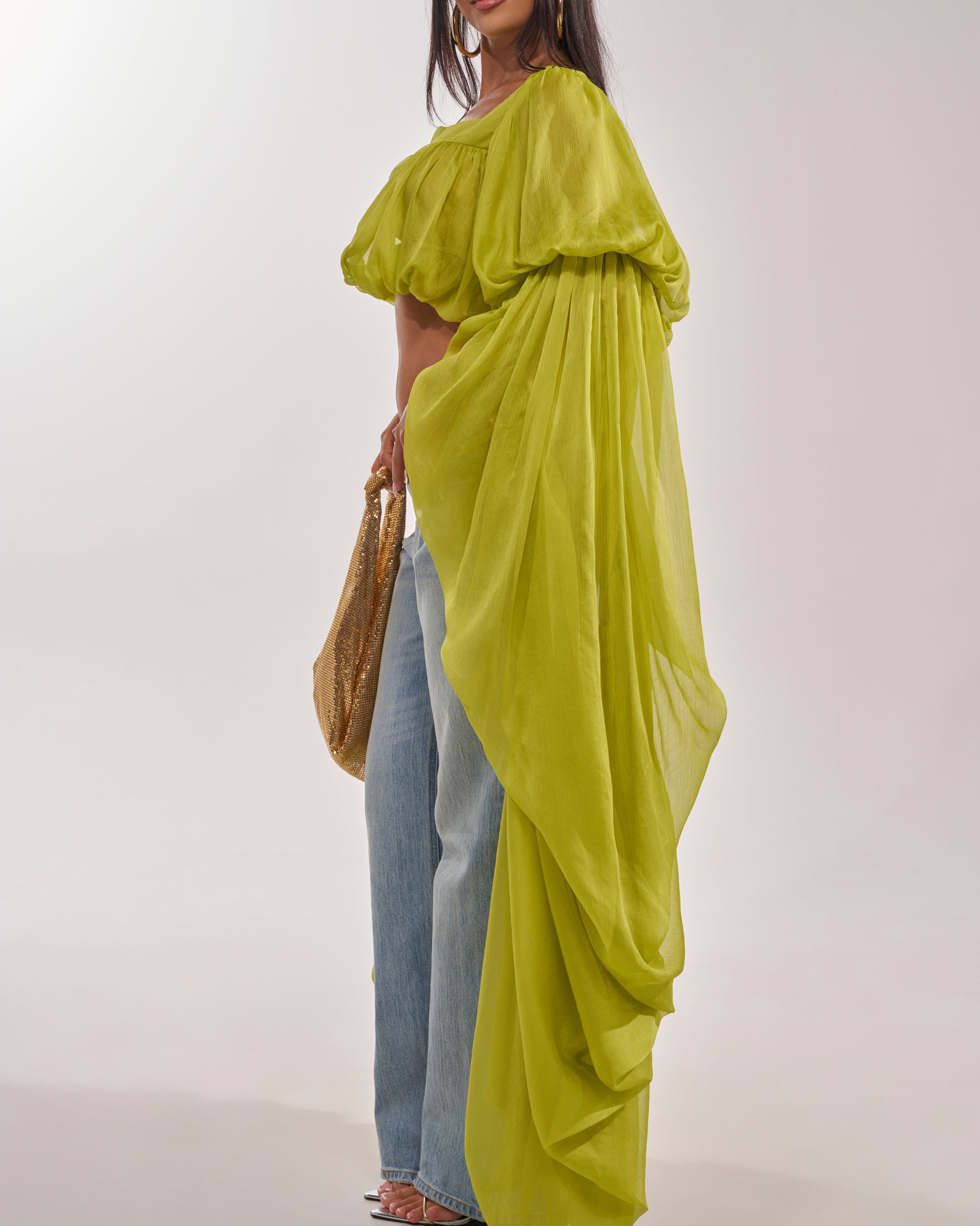 Square Neck Chiffon Ruffled Puff Sleeve Bubble Crop Top