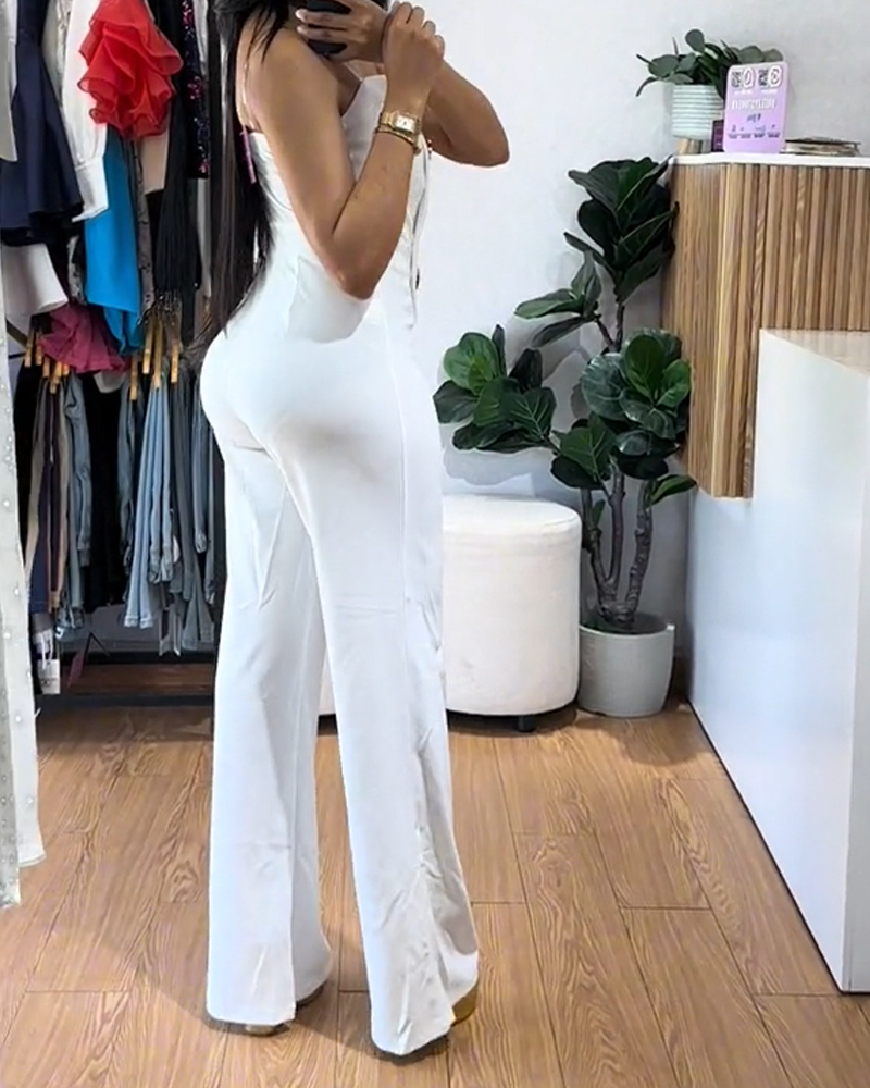 Sexy Tube Top Button-Decorated Flared Jumpsuit