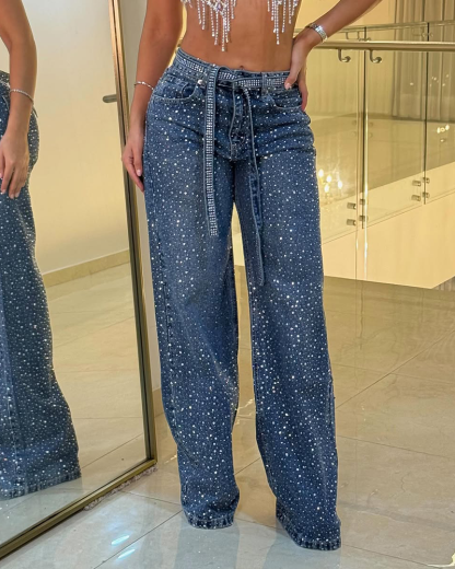 New Diamond-Studded Straight-Leg Jeans