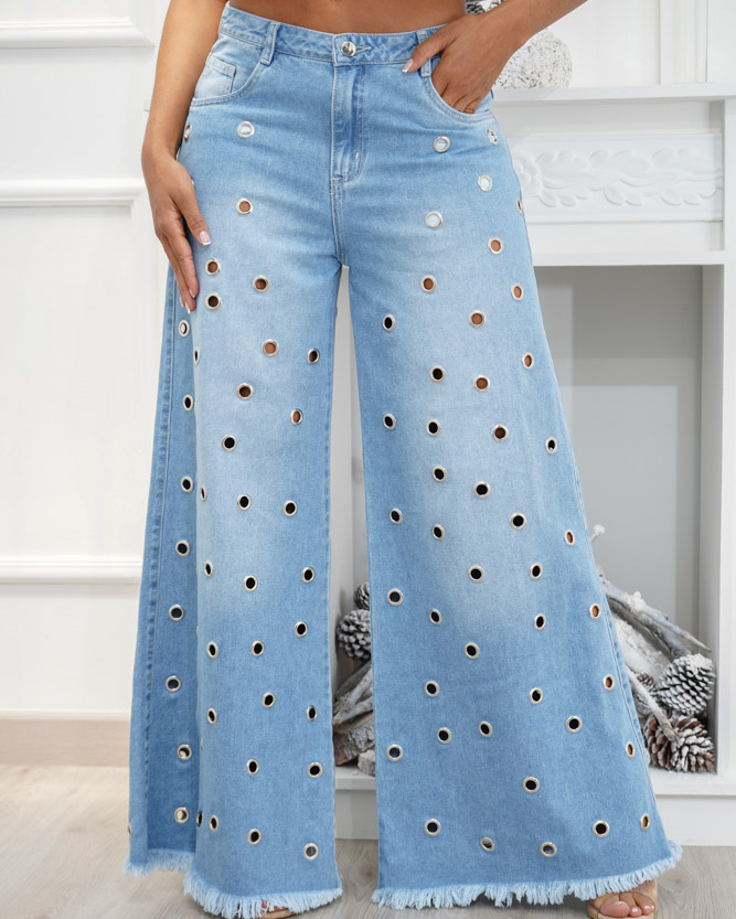 High Waist Palazzo Eyelet Wide-leg Jeans 
