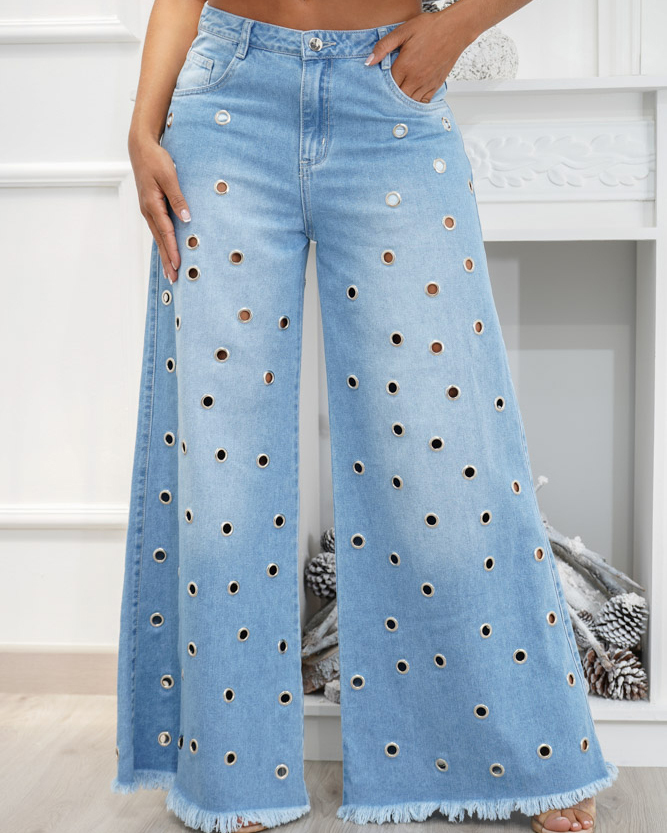 High Waist Palazzo Eyelet Wide-leg Jeans