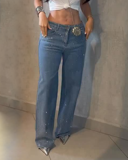 Diamond-Studded Straight-Leg Jeans Denim