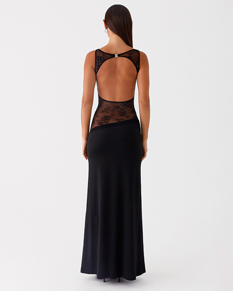 Sexy Slim Lace Satin Patchwork Backless Maxi Dress