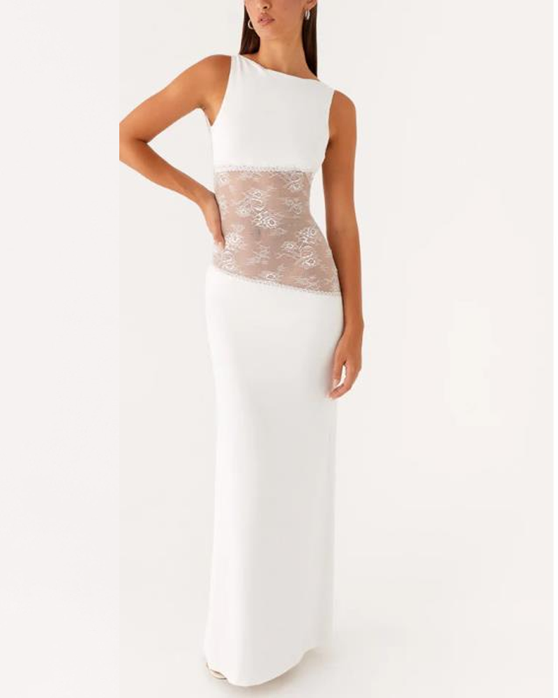 Sexy Slim Lace Satin Patchwork Backless Maxi Dress